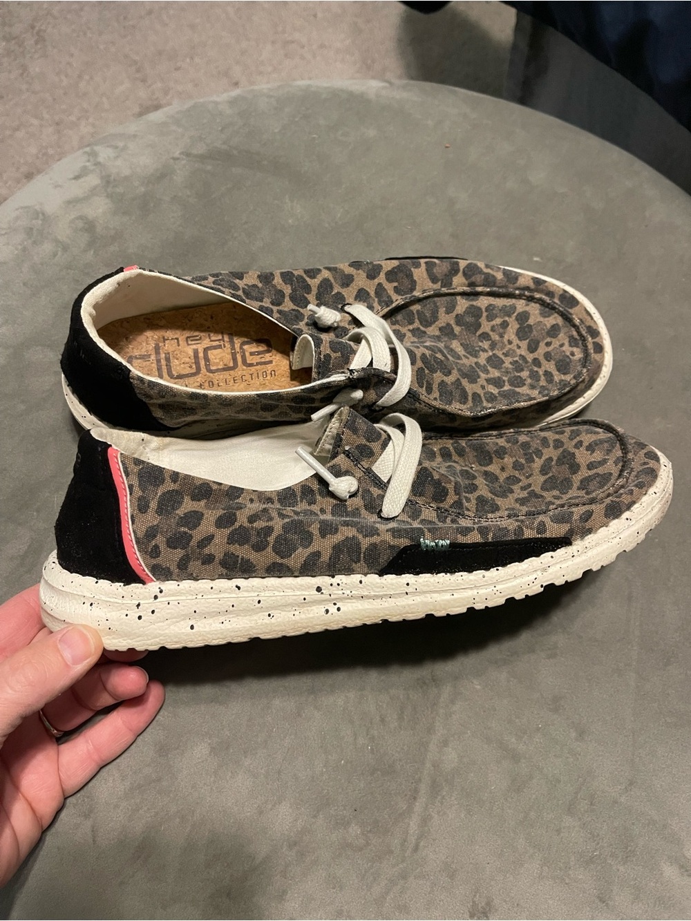 Hey Dude Leopard-Pattern Wendy Slip-Ons with Black Heel and Coral Accent